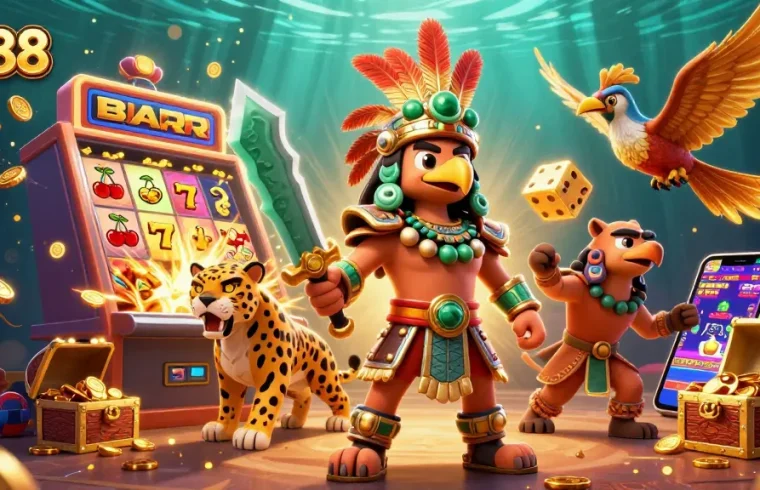 Experience excitement with qs88 as Aztec warriors and vibrant game elements celebrate a casino jackpot.