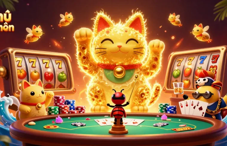 Experience the thrill of nổ hũ đổi thưởng with this vibrant, animated scene depicting a lucky cat and dynamic casino symbols.