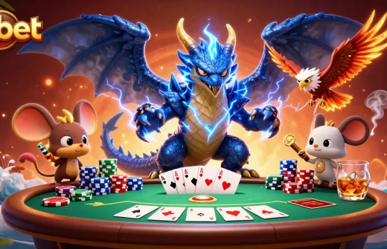 Engage with exciting poker play at onbet featuring vibrant 3D dragons, hawks, and poker elements.