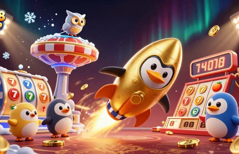 Engaging gaming scene with SC88 Group featuring a golden penguin in space among casino elements.