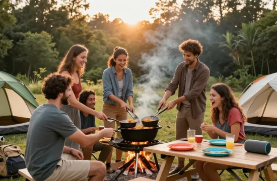 Friends enjoying outdoor cooking with rokok88 slot cast iron gear at sunset.