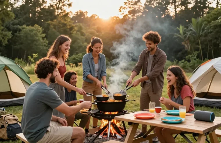 Friends enjoying outdoor cooking with rokok88 slot cast iron gear at sunset.