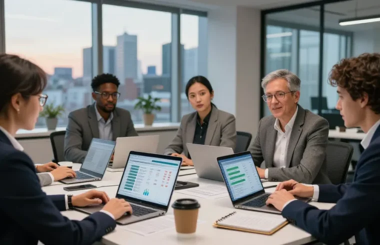 Team discussing british gas business gas solutions in a modern office setting.