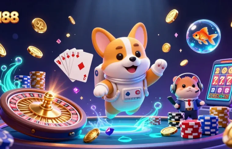 Spin to victory with VIN88 in a vibrant casino scene featuring galactic characters and colorful gaming elements.