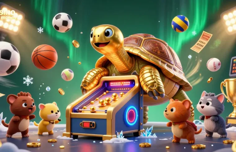 Experience the thrill of casino real money gaming with a unique 3D scene featuring a colossal tortoise and dynamic sports elements.
