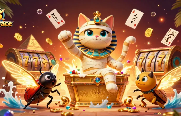 Experience superace's vibrant gaming world with a mummy cat and rich slot elements.