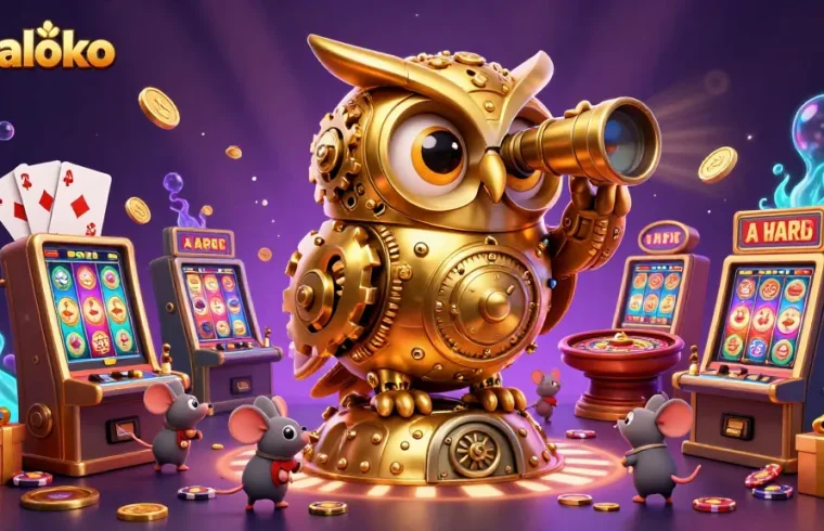 Panaloko showcases a vibrant scene with a clockwork owl and thematic casino elements in a 3D illustration.